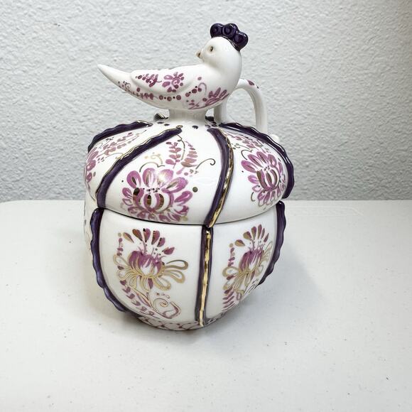 Anthropologie Ceramic Sugar Bowl Jar Bird White Fushia Gold Parrot NO SPOON - Picture 1 of 3